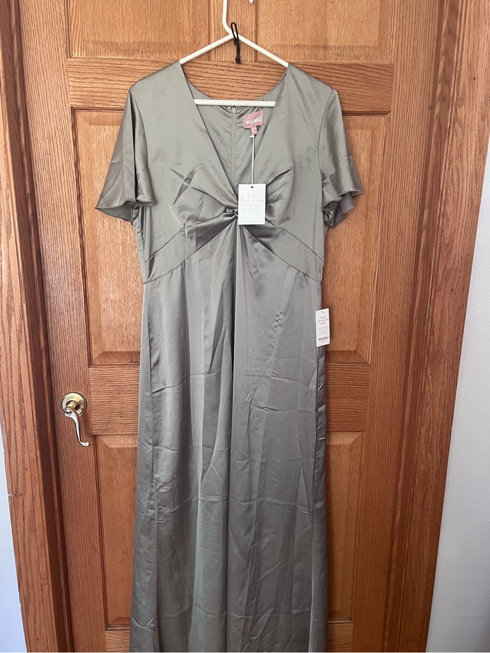 Mumu Sage Green Rome twist Satin Maxi Dress